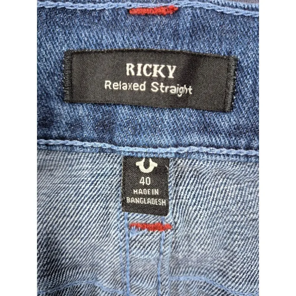 True Religion Ricky Relaxed Straight Blue Jeans Red Stitch Sz 40x33